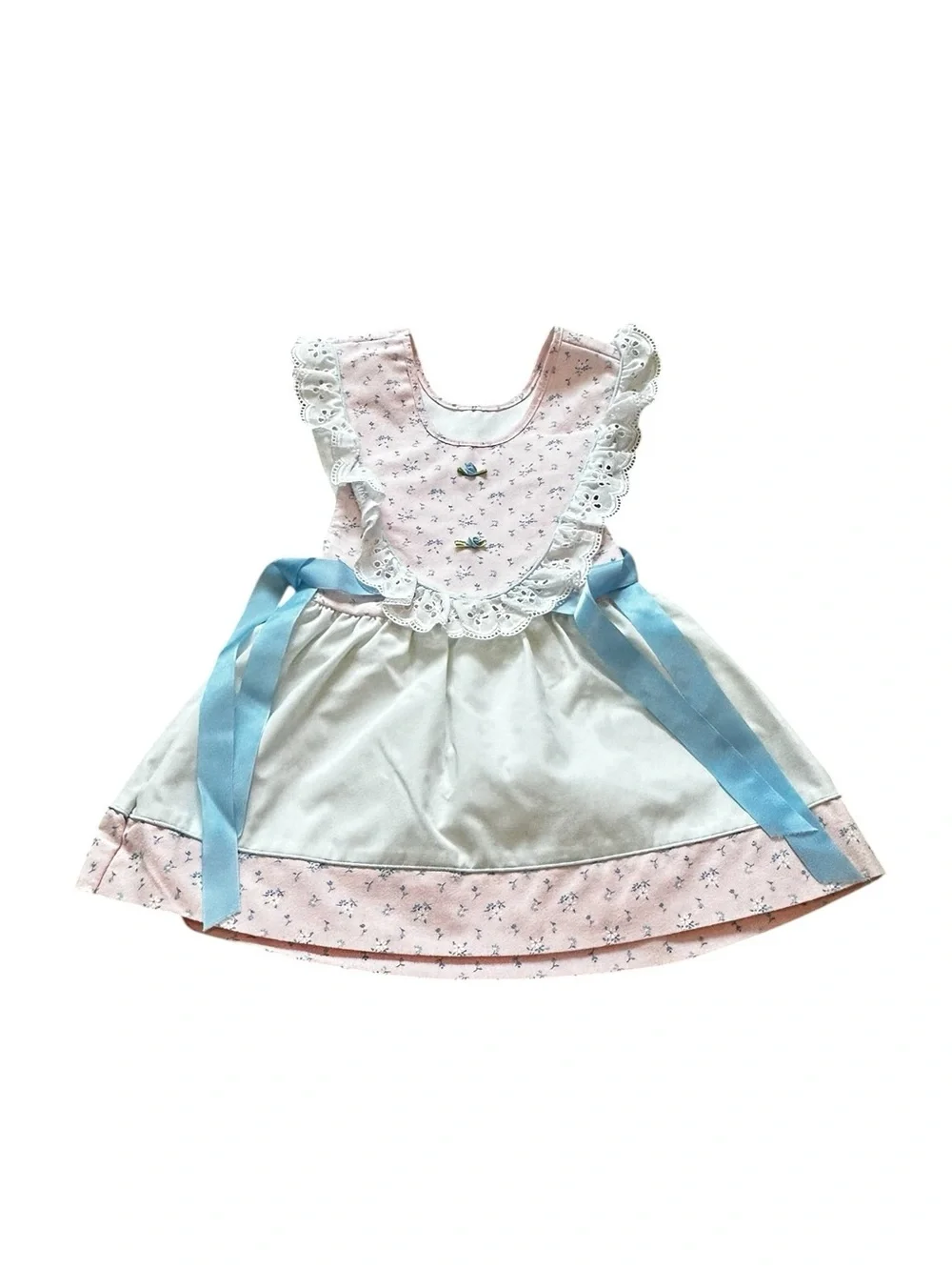 Vintage Girls Pink Floral Apron Dress Eyelet Trim Ribbons Cottagecore Prairie